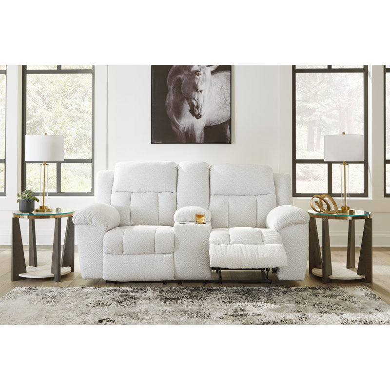 Senita Reclining Loveseat With Console, White Polyester