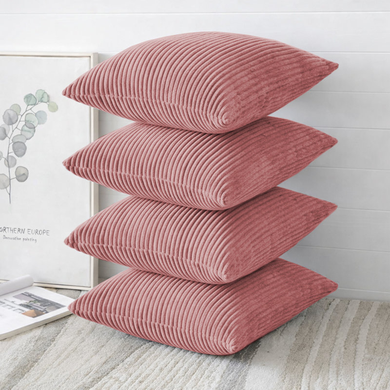 Striped Square Scatter Crushed Velvet Cushion Cover (Set of 4), Light Pink