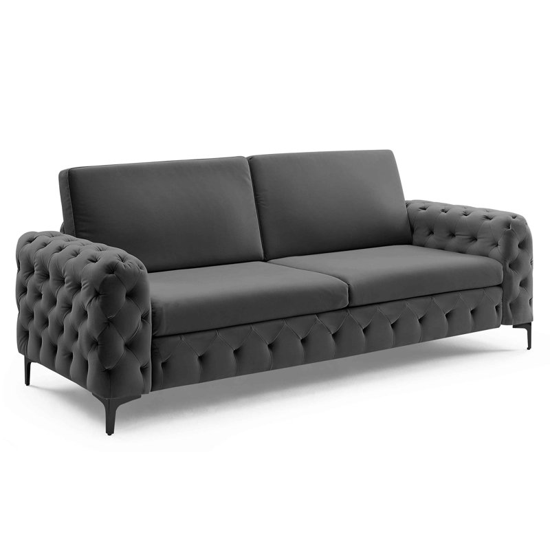 Bushong 222Cm Velvet Square Arms Sofa, Grey Velvet, Black