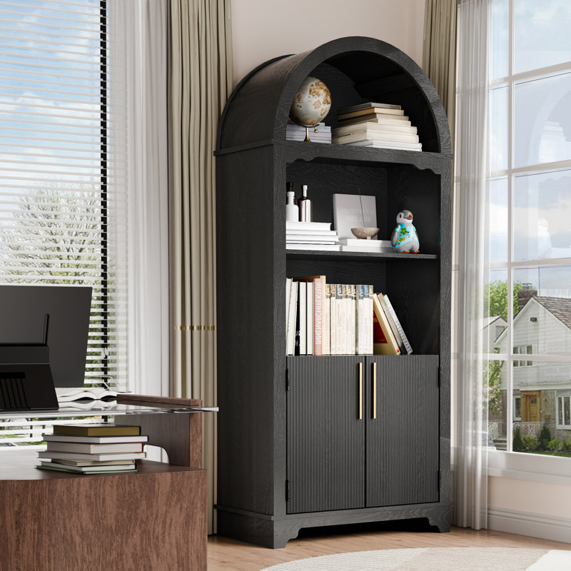Vitrine arquée avec portes rayées décoratives, armoire de rangement moderne, Noir satiné