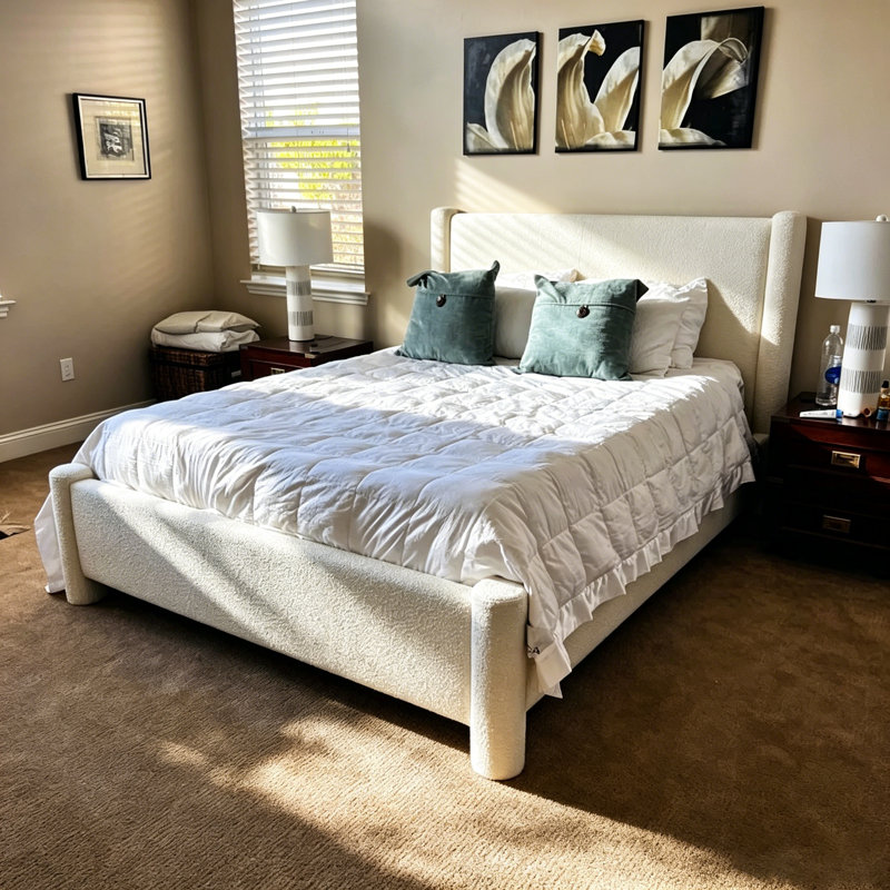 Boucle Upholstered Platform Bed with Soft Rounded Corners, Cream, Full