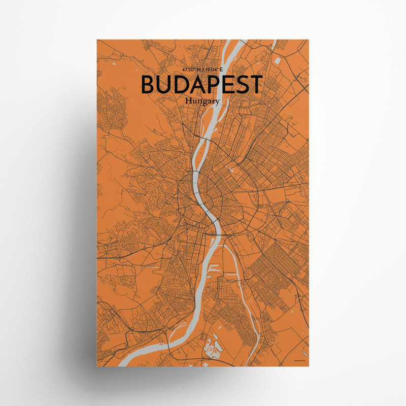 Budapest City Map In Orange - No Frame Print, 17cm H x 11cm W x 0.05cm D