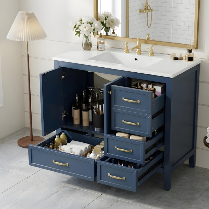 Meuble-lavabo de 36 po avec lavabo en céramique, tiroirs et portes à fermeture en douceur, Bleu
