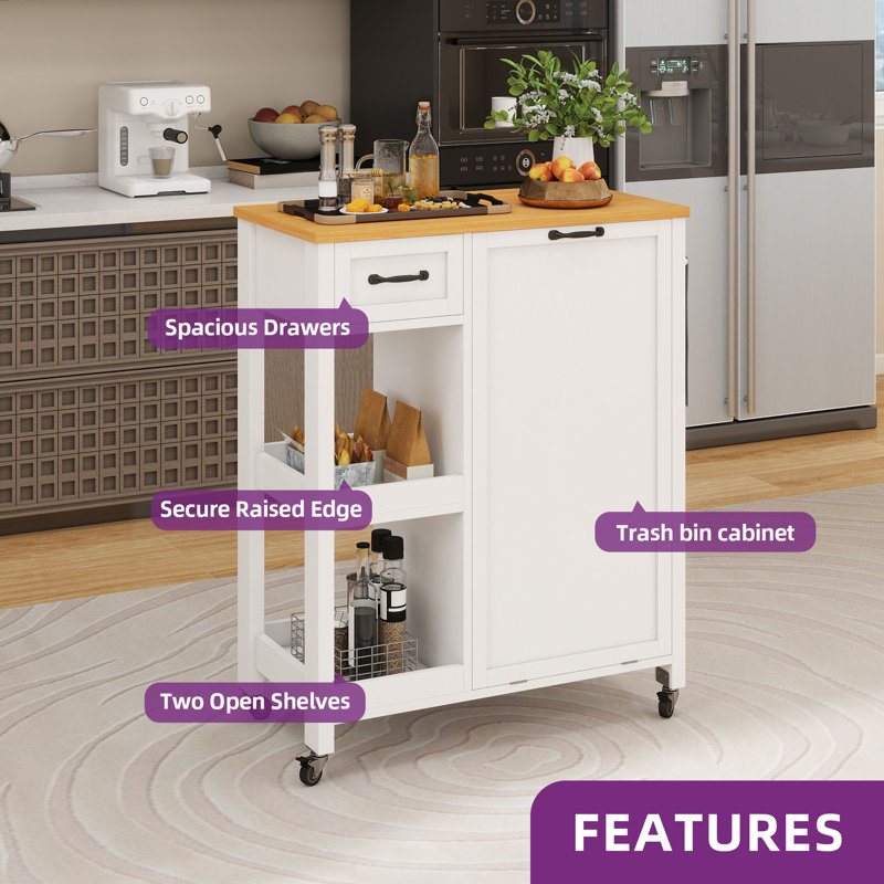 Rolling Portable Dining Serving Utility Small Kitchen Island Cart On Wheels With Trash Can Storage Cabinet For 13 Gallon Garbage Bin