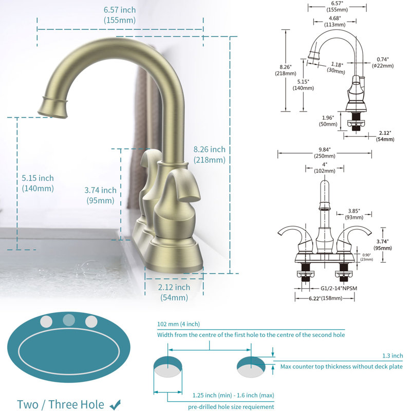 Centerset 2-handle Bathroom Faucet with Drain Assembly, Brushed Gold