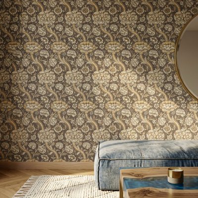 Vintage Floral Vine Damask Wallpaper in Cream Gold and Charcoal