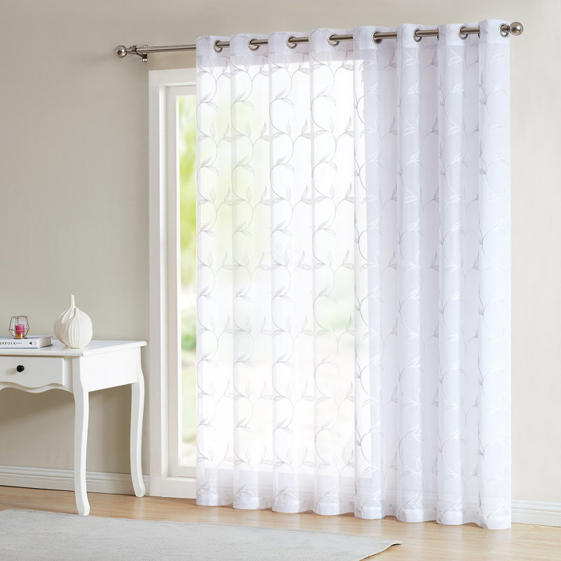 Sheer Faux-Linen Sliding Door Curtain Panel With Rustic Stitched Leaf Embroidery, White
