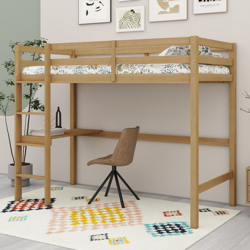 Structure de lit mezzanine en bois d'hévéa avec bureau intégré, barrière de sécurité et échelle, Naturel