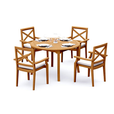 Ensemble de salle à manger 5 pièces en bois de teck de qualité A: table ronde avec accoudoirs empilables 48 po Damarrea # 11GR1004
