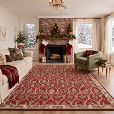 Tapis de salle à manger lavable à poils ras, motif animaux de Noël : cerfs et sapins, rouge et vert