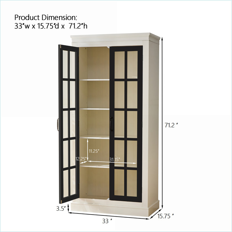 Cabinets, 71.2'' Farmhouse Display Cabinet with Glass Doors, White &amp; Black | MDF &amp; Bamboo, Black/Cream White