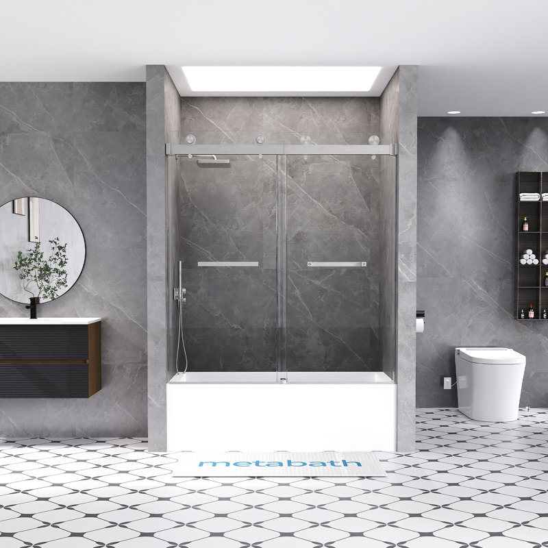 Porte de baignoire coulissante double sans cadre de 56 à 60 po x H 66 po avec verre trempé transparent de 3/8 po (10 mm)