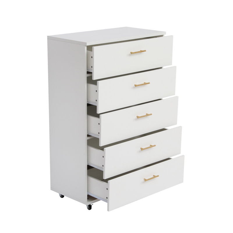 White 5-Drawer Dresser With Wheels & Handles