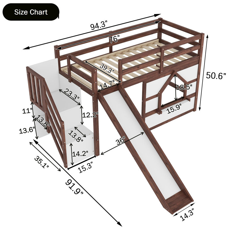Lit mezzanine en bois double avec étagères, escalier de rangement, glissade, fenêtre et éclairage DEL, Noyer blanc