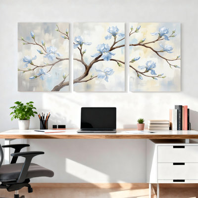 Ensemble de 3 tableaux sur toile représentant un arbre aux fleurs bleues, pour la décoration du salon et de la chambre.