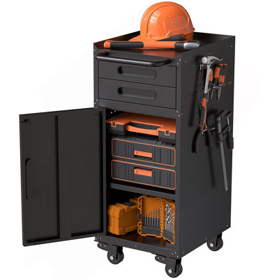 Armoire à outils roulante étroite, rangement de garage peu encombrant avec porte verrouillable, 2 tiroirs et grande poignée
