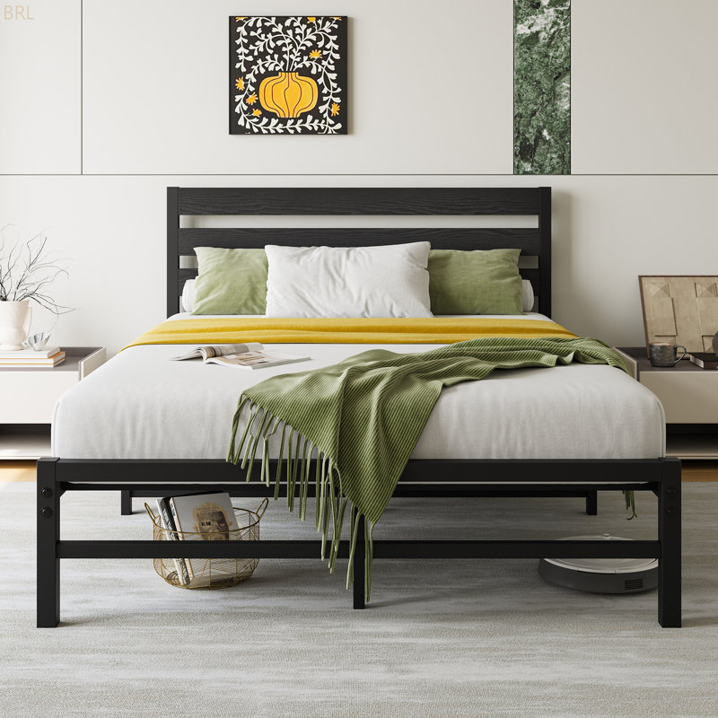 Platform Bed Frame with Rustic Vintage Wood Headboard, No Box Spring Needed, Full, Rustic Brown/Black