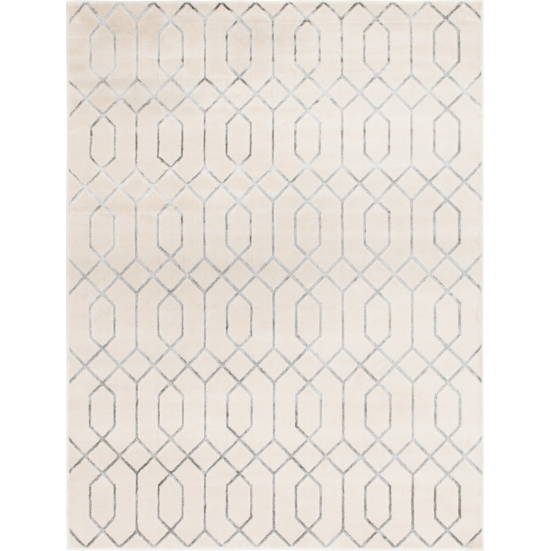 Glam Geometric White Silver Area Rug, Rectangle 7'10" x 10'