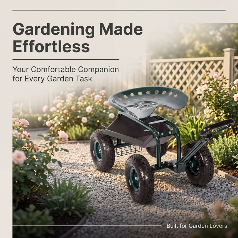 Garden Cart Seat Rolling Scooter Wagon with Extendable Steering Handle Swivel Seat & Utility Basket...(Green)