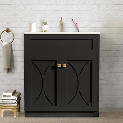 Meuble-lavabo autoportant moderne de 30 pouces: lavabo en céramique sans soudure, armoire à poignée dorée, porte à fermeture en douceur - rehausse le style de la salle de bain.
