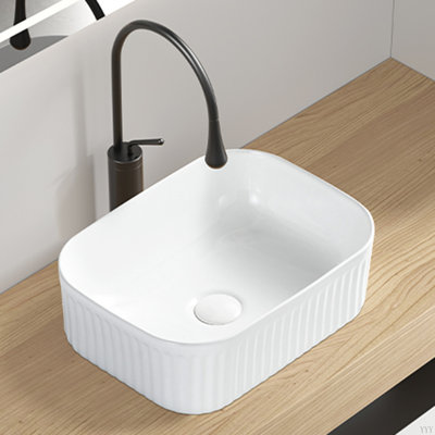 Bathroom Vessel Sink, Rectangle Basin Above Counter White Stone Resin Small Vanity Sink Washing Art Sinks Without Pop-Up Drain