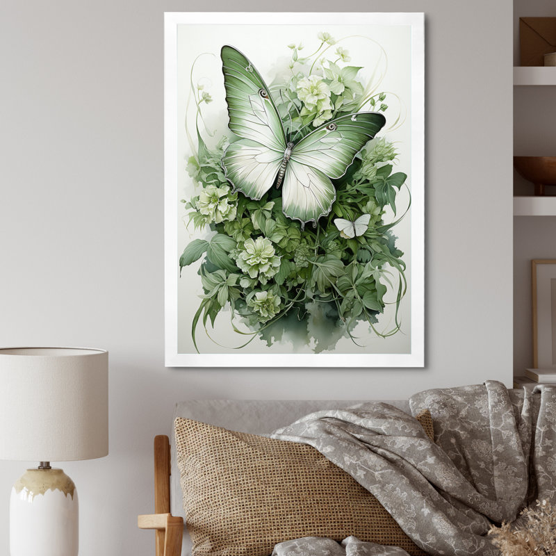 «Green Butterfly Whirling Beauty», art sur toile papillon, H 20 po x l 12 po x P 1 po, Cadre simple blanc