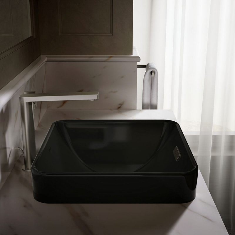 Vox Ceramic Square Vessel Bathroom Sink with Overflow, Black 