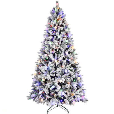 Arbre de Noël enneigé avec 470L de lumières colorées, PE réaliste + PVC + aiguille dure, 10 modes d'éclairage, interrupteur au pied et support en métal stable, arbre de Noël