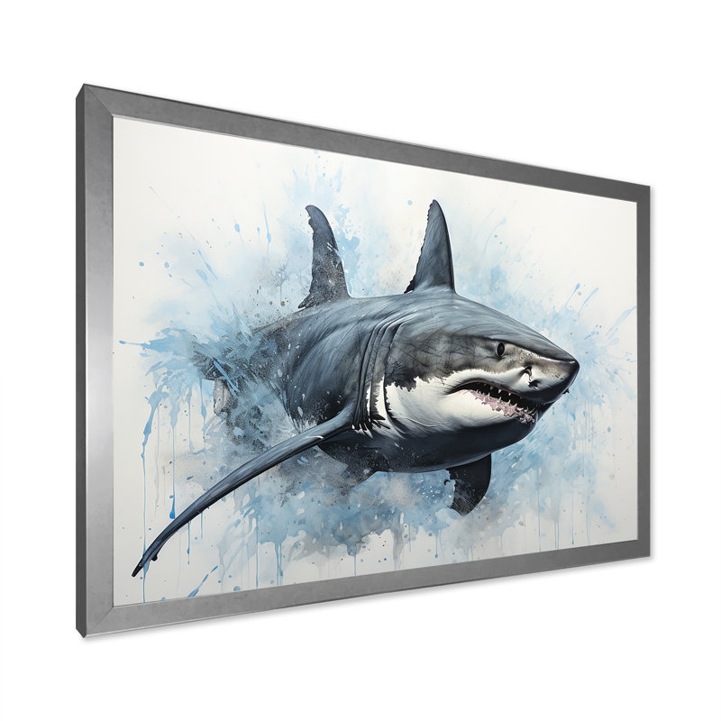 " Minimalism Blue Shark Painting I ", 30" H x 40" W x 1.5" D, Silver Single Picture Framed
