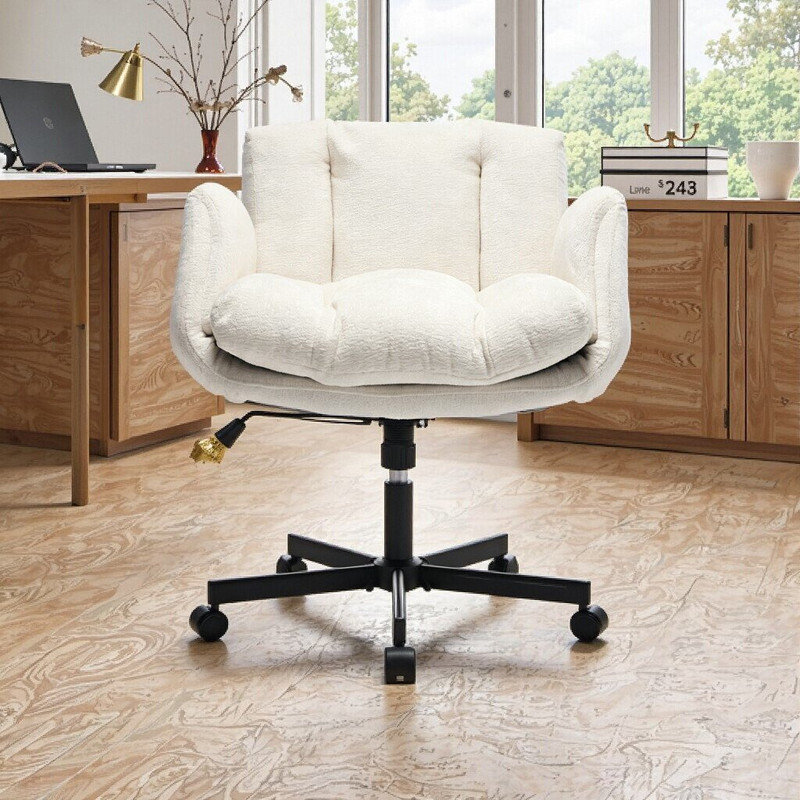 Chaise de bureau en chenille pivotante à hauteur réglable, chaise de bureau avec accoudoirs convertibles, Beige