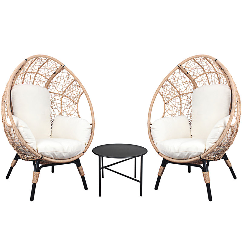 Ensemble de 3 chaises de patio avec table d'appoint, Blanc, Naturel