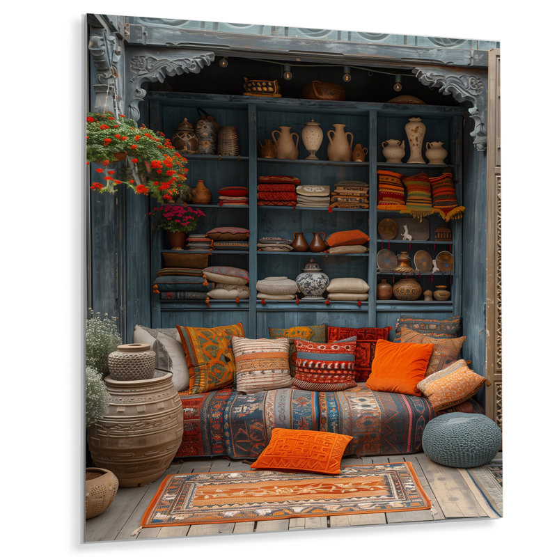 Orange bleu bohémien bazar Boho - art mural du Maroc, salon, Métal métal, H 32 po x l 16 po x P 1 po