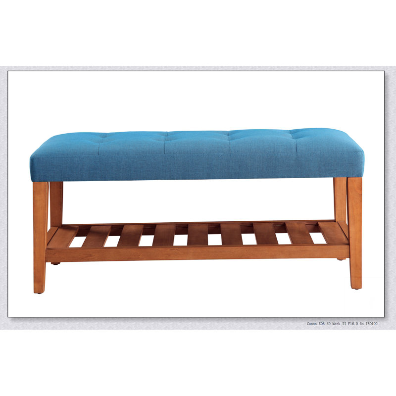 Warwickshire Wood Upholstered Storage Bench with Slatted Shelf, Blue, Walnut