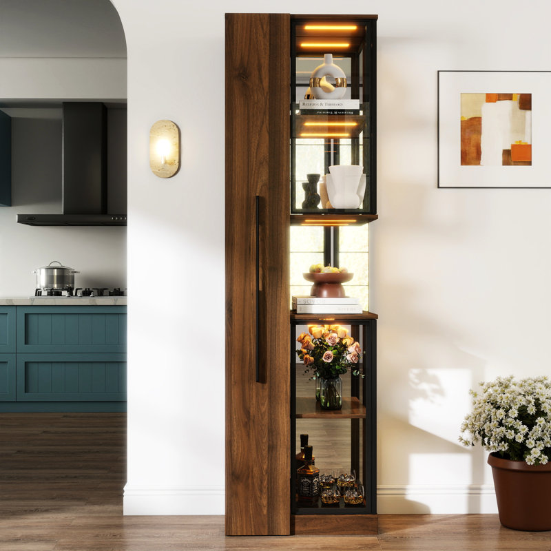 70 70 po Vitrine en bois avec porte en verre, 5 tablettes réglables, trois modes d'éclairage, idéal pour la décoration intérieure