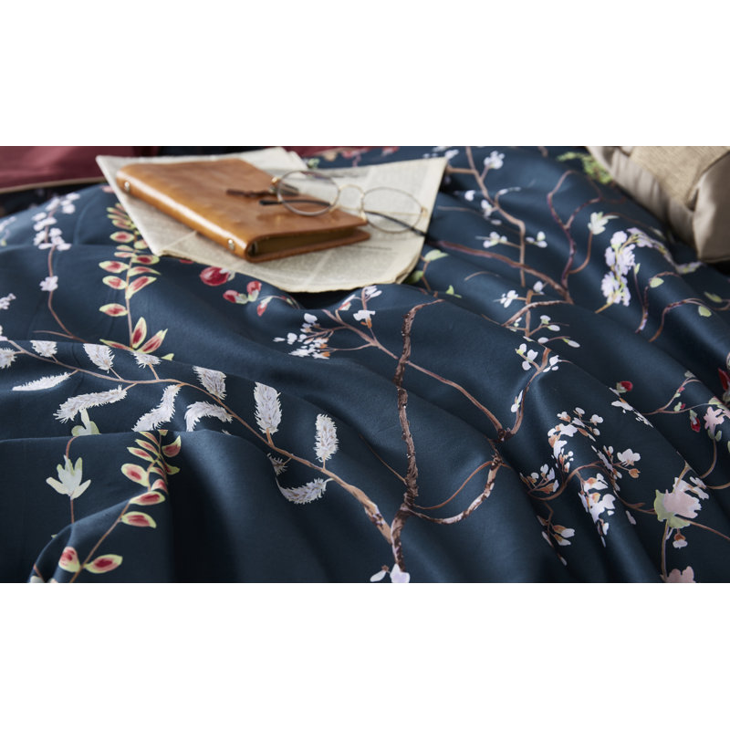 Vintage Floral And Leaf Printed  Microfiber Comforter Set, King Comforter + 2 Standard  Pillowcases, Dark Blue Floral