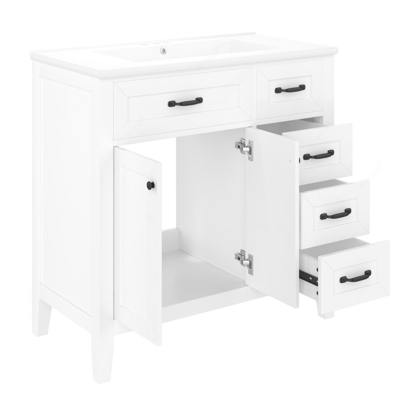 Ensemble de meuble-lavabo 36 po avec lavabo, armoire de salle de bain blanche avec tiroirs, cadre et panneau de fibres à densité moyenne