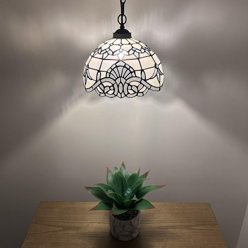 White Stained Glass Bronze LED Pendant Light, 60" Height