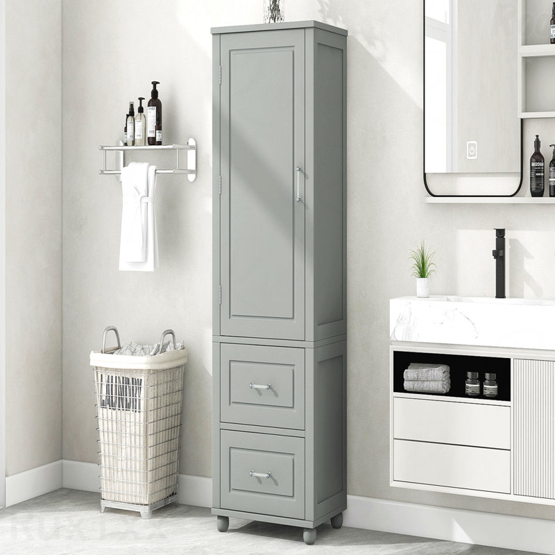 Tall Bathroom Storage Cabinet, Freestanding Storage Cabinet With Two Drawers And Adjustable Shelf, Mdf Board With Painted Finish, Grey
