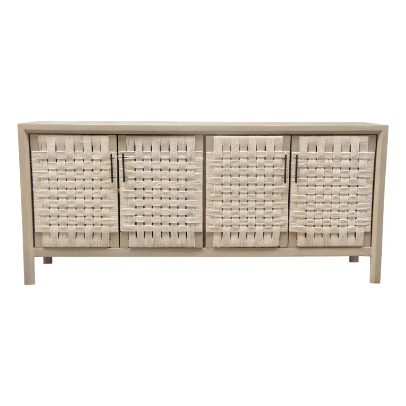 Palm Solid Mango Wood 4-Door Sideboard In Natural Finish W/ Woven Rope Door Fronts