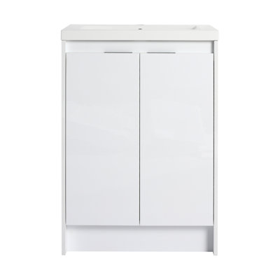 Meuble-lavabo autoportant blanc brillant avec lavabo en résine de 24 po, fonctionnalité esthétique moderne, style et fonction à fermeture silencieuse,