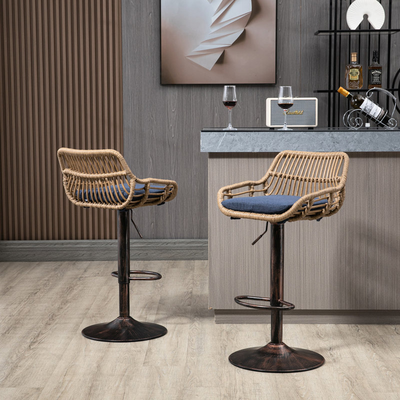 Lot de 2 chaises de bar recouvertes de lin bleu, réglables avec repose-pieds, pour cuisine et salle à manger. Hauteur réglable.