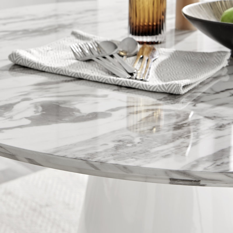 Tierra Statement Pedestal Round Dining Table - Luxury Modern Design, White Marble Top/White Base