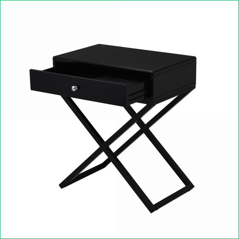 Koda 23” Black Modern Nightstand with Glass Top, Drawer &amp; Metal Cross Base, Black