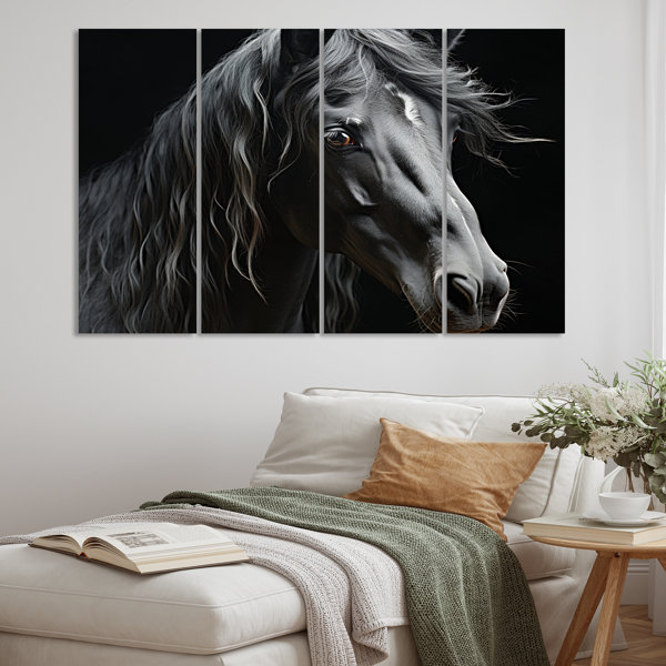 DesignArt Black White Horse Portrait On Canvas 4 Pieces Print | Wayfair