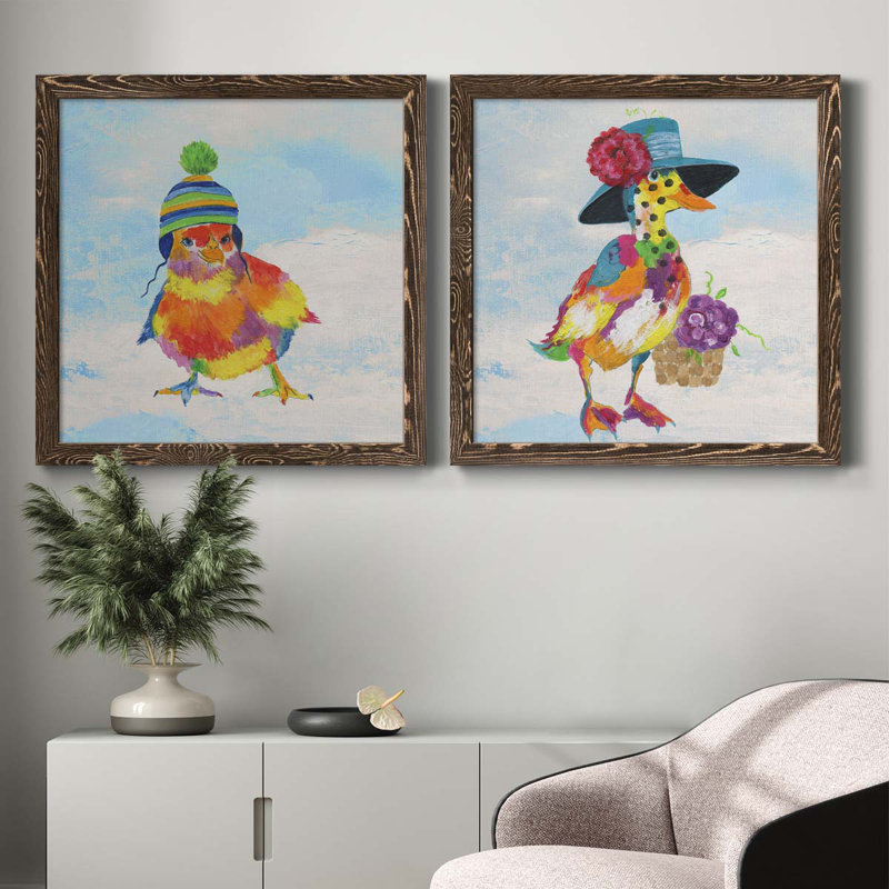 «Groovy Chick and Sky», ensemble de 2 peintures sur toile encadrées, H 31,5 po x l 63 po x P 1,5 po, Encadré de bois de noyer