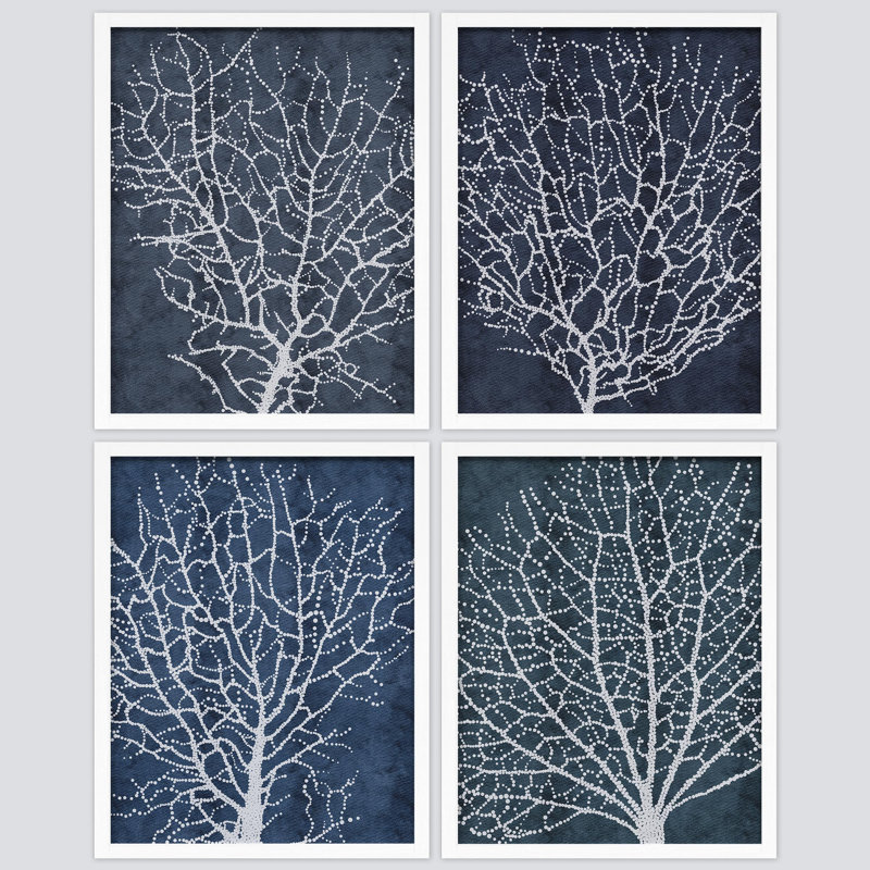 Arbres abstraits encadrés sur papier, impression de 4 pièces, Blanc, H 16 po x l 12 po