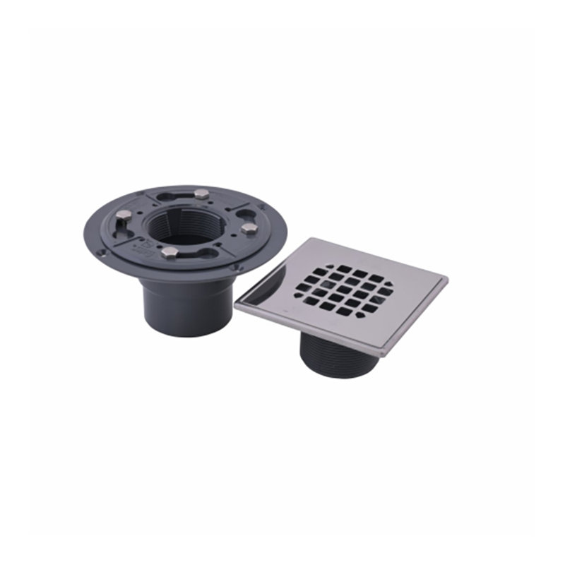 Drain carré en PVC 2 po à bas profil et crépine encliquetable en acier inoxydable poli avec anneau