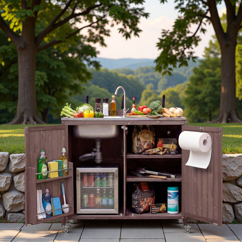 Îlot de cuisine extérieur avec évier en acier inoxydable, supports de rangement internes, tablettes et roues réglables