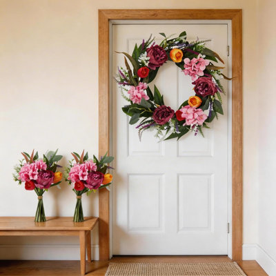 22" Spring Wreath, Artificial Tulip Peony Door Wreath with 2 Flower Bundles Farmhouse Decor