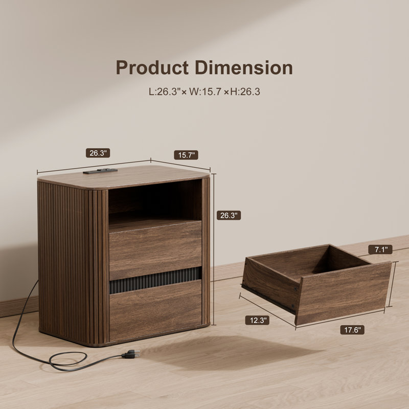 2 Drawer Nightstand With Charging Station, Walnut